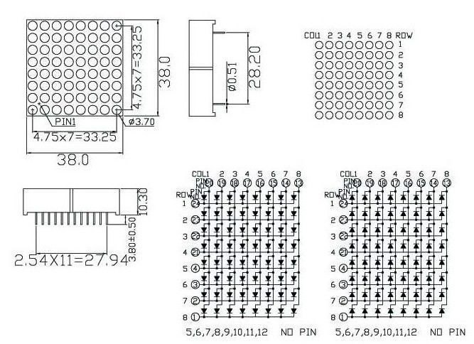 5pcs 8x8 Dot-Matrix 3.75mm Diameter Red LED Display